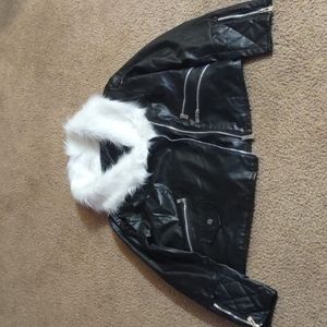 Black Faux Leather With White Fur Collar Jacket.